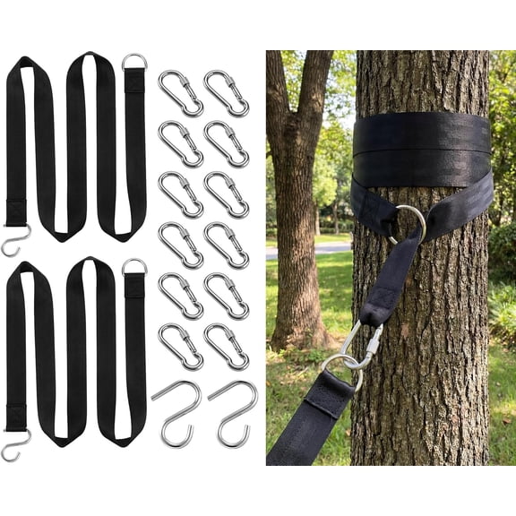 Hammock Straps for Trees, 8.2 ft Tree Swing Straps with 12 Stainless Steel Climbing Clips and 2 S-Hooks, Heavy Duty Reinforced Binding Ropes Suspension System Hanging Kit for Camping
