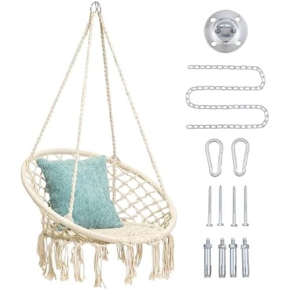 Hammock Swing Chair for 2-5 Years Old Kids,Handmade Knitted Macrame Hanging Swing Chair for Indoor,Bedroom,Yard,Garden- 230 Pound Capacity Off-White- with Suspension Kit