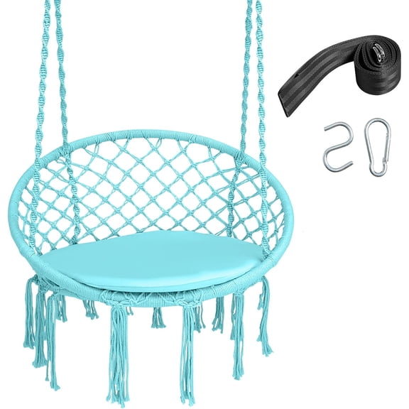 Hammock Swing Chair with Cotton Cushion, Bohemian Style Hanging Macrame Lounge Chair with Draping Tassels, Cotton Ropes, Hanging Kit, Long Strap, Max Weight 330LBS