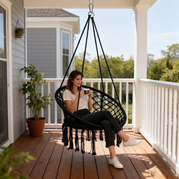 Hammock Swing Chair, Cotton Rope Swing Chair with Suspension Kit, Hanging Chair 360 Lbs Capacity for Balcony, Outdoor & Indoor