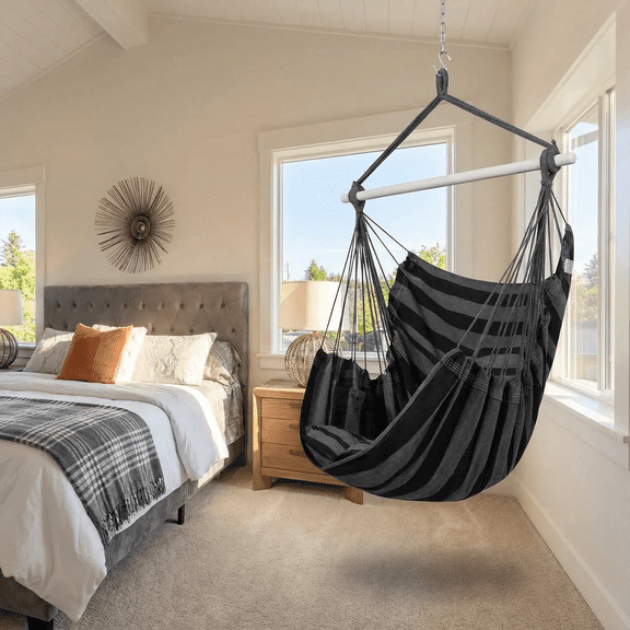 Sunyear Hammock Chair Hanging Chair with 2 Cushions & Anti-Slip Steel Sturdy Bar (500 lbs Capacity) - Swing Chair Outdoor/Indoor for Patio, Porch, Backyard