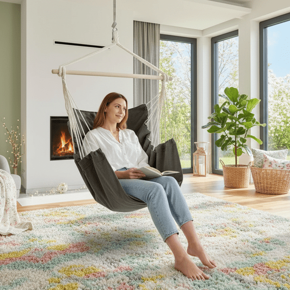 Sunyear Hammock Chair Hanging Chair with 2 Cushions & Anti-Slip Steel Sturdy Bar (500 lbs Capacity) - Swing Chair Outdoor/Indoor for Patio, Porch, Backyard