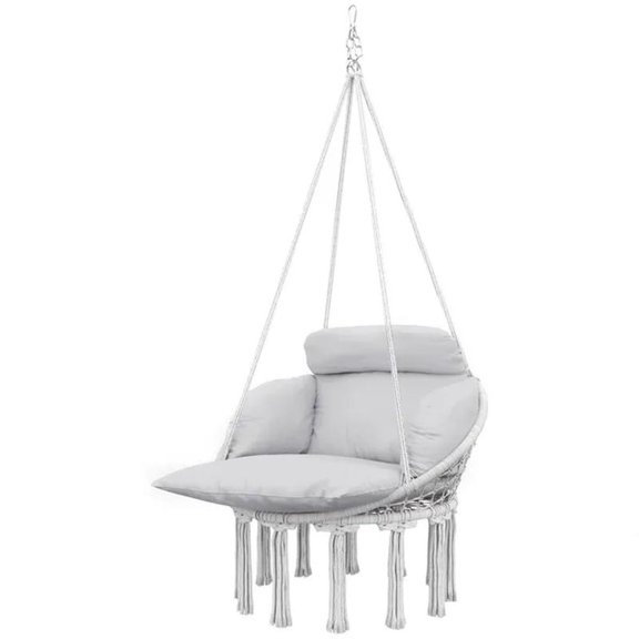 Hammock Swing Chair, Macrame Hanging Chair with Cushion, Chain, Steel Frame for Indoor Outdoor Use, Gray