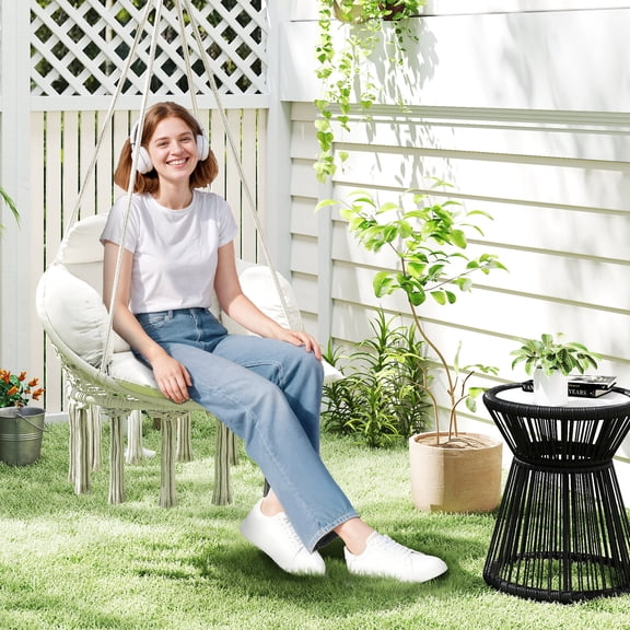 Hammock Swing Chair, Macrame Hanging Chair with Large Cushion, Chain, Steel Frame for Indoor Outdoor Use, Cream White