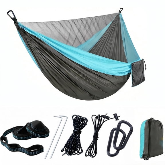 BN-LINK Camping Hammock with Mosquito Net, Portable Parachute Hammocks with Tree Straps for Outdoor Backpacking,Beach,Backyard,Patio,Hiking,440 lb Capacity, Blue Gray
