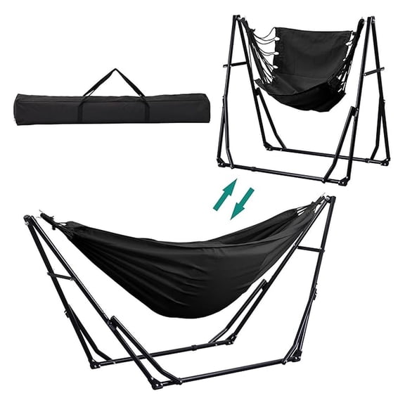 Hammock with Stand - Portable Camping Hammock Chair - 2 in 1 Outdoor Swing - Folding Stand, Carrying Bag - Patio, Garden, Black