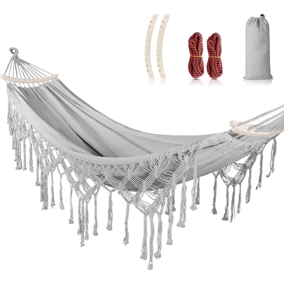 Hammock with Tassels Max 500 lbs Canvas Fabric Bohemian Style Thickened Rope Carry Bag Gray