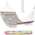 thumbnail image 1 of Hammocks 12 FT Double Layered Quilted Fabric Hammock Swing with Pillow and Carrying Bag, Elegant Tassels and Spread Bar Heavy Duty Stylish for Two Person, Floral, 1 of 8