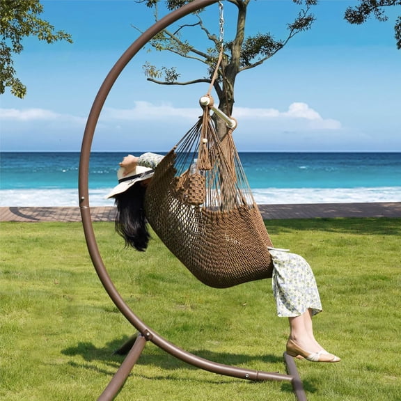 Hammocks Chair Caribbean Hanging Rope Swing Chair, 40" Removable Steel Spreader Bar with Anti-Slip Rings, Soft-Spun Cotton Rope for Indoor/Outdoor Backyard & Living Room, Max 500 LBS, Tan