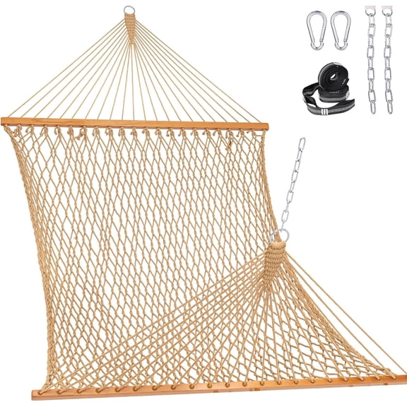 Double Rope Hammock, 2 Person Traditional Outdoor Hand Woven Cotton Rope Hammock with Spreader Bar, Chains, Tree Straps for Patio Yard - Max 450 Lbs, Tan