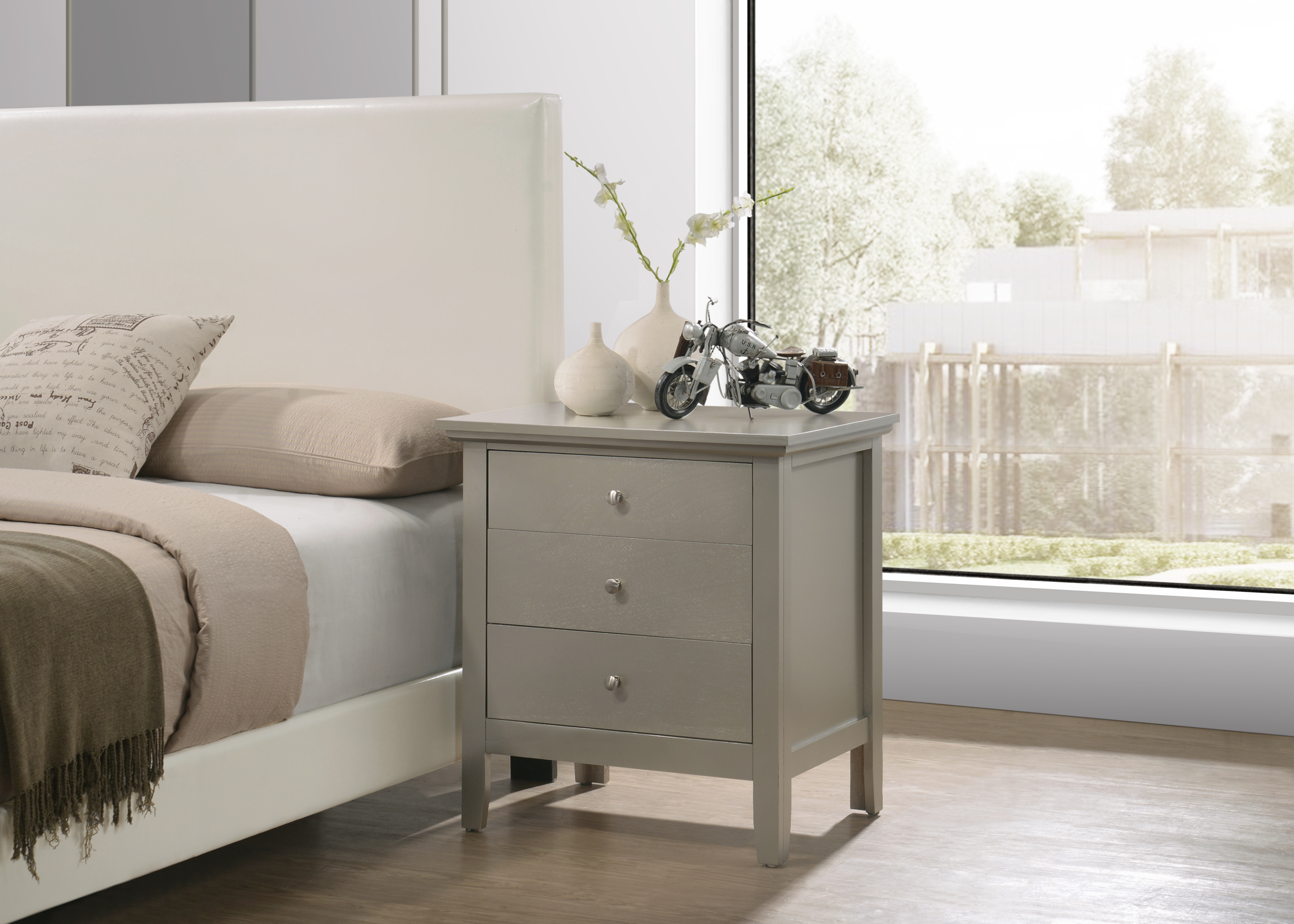 Hammond 3-Drawer Silver Champagne Wood Nightstand