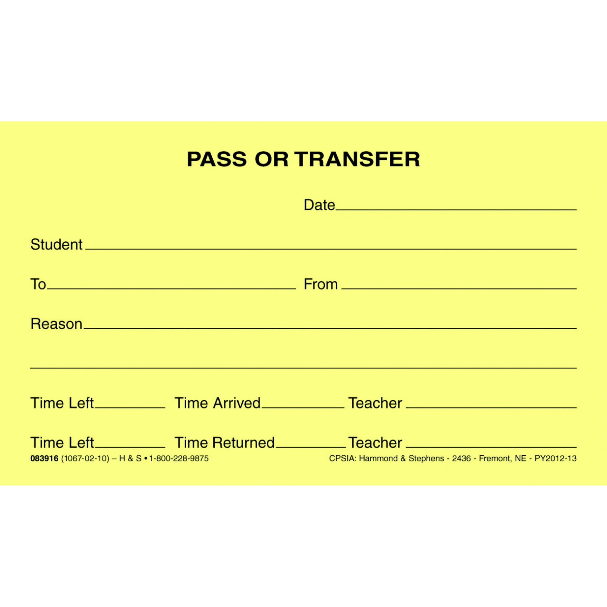 Hammond & Stephens 1067-02-10 Pass/Transfer Pad, 3 x 5 Inches, Yellow, 100 Sheets per Pad, Pack of 10 Pads