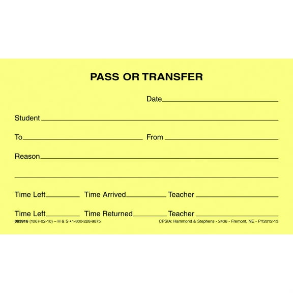 Hammond & Stephens 1067-02-10 Pass/Transfer Pad, 3 x 5 Inches, Yellow, 100 Sheets per Pad, Pack of 10 Pads