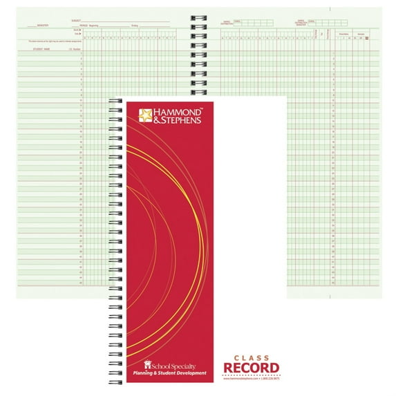 Hammond & Stephens 1481861 6.75 x 11 in. Wire-O Bound Class Record Book-PolyIce Cover, Green & Red - 45 Students & 9-10 Week
