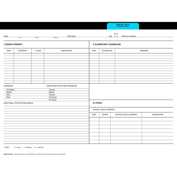 Hammond & Stephens Cumulative Record Special Help Insert, Blue, Pack of 25