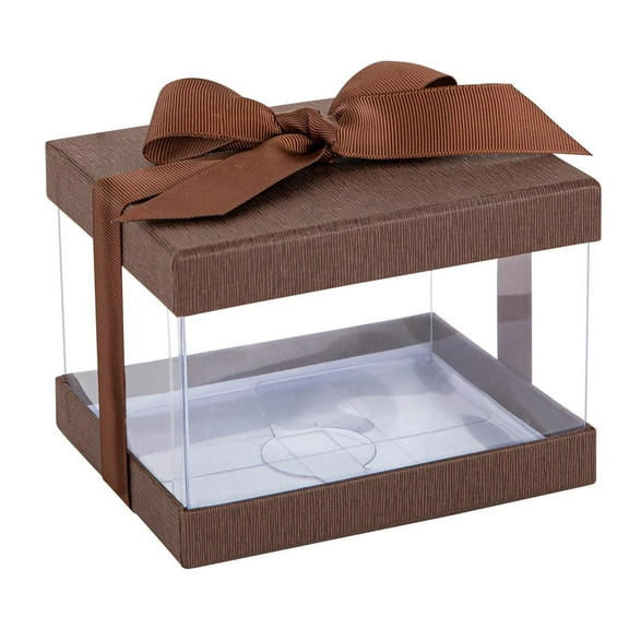 Hammont Elegant Clear Plastic Gift Box with Brown Bow and Ribbon for Gifting 4"x5"x3.5" 6 Pack