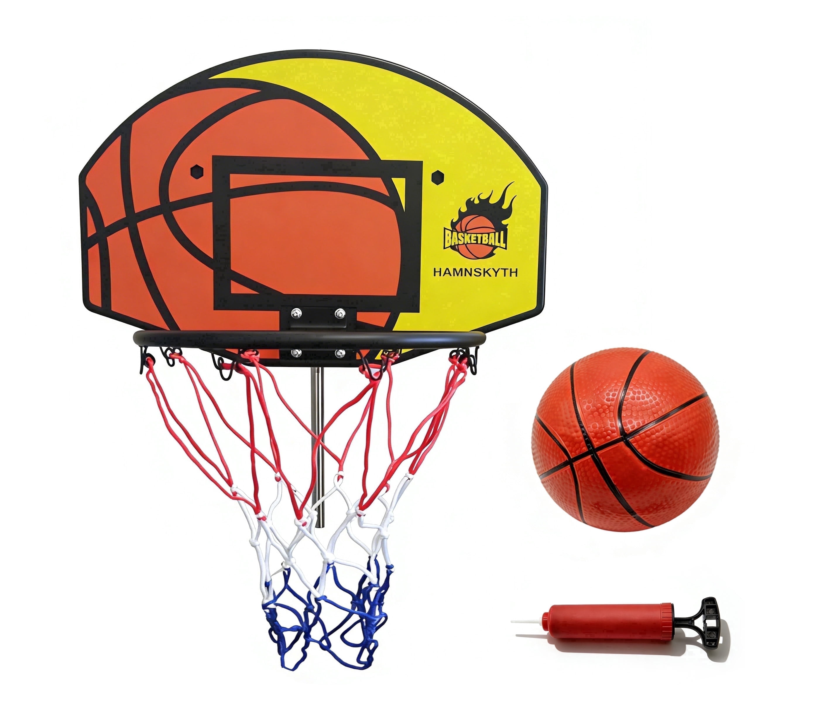 Hamnskyth Trampoline Basketball Hoop, Fits Most Straight & Curved Poles, Stainless Steel Angle-Adjustable Base, Includes Mini Basketball & Pump