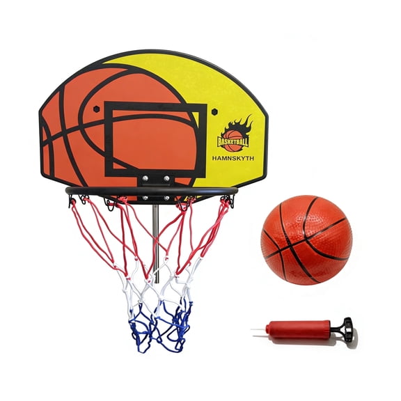 Hamnskyth Trampoline Basketball Hoop, Fits Most Straight & Curved Poles, Stainless Steel Angle-Adjustable Base, Includes Mini Basketball & Pump