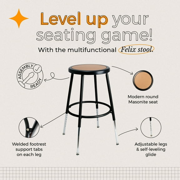 Hampden Furnishings Felix Collection Height Adjustable 19-27 Inch Steel Stool, Black, AssemblyReady