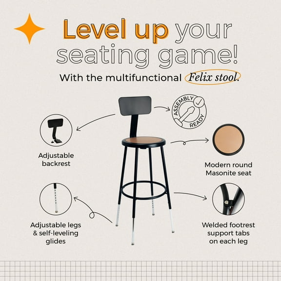 Hampden Furnishings Felix Collection Height Adjustable 25-33 Inch Steel Stool with Backrest, Black, AssemblyReady