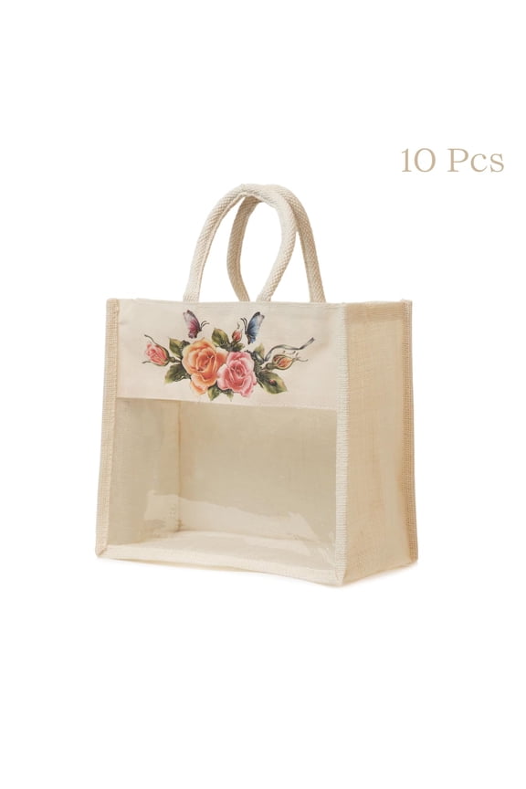 Hamper Bag with Transparent Window | Eco-Friendly Bag for Gifting, Return Gifts, Dry Fruits | Reusable Tote Bag (12 * 10 * 5 Inch, Natural) (Assorted Print) (10)