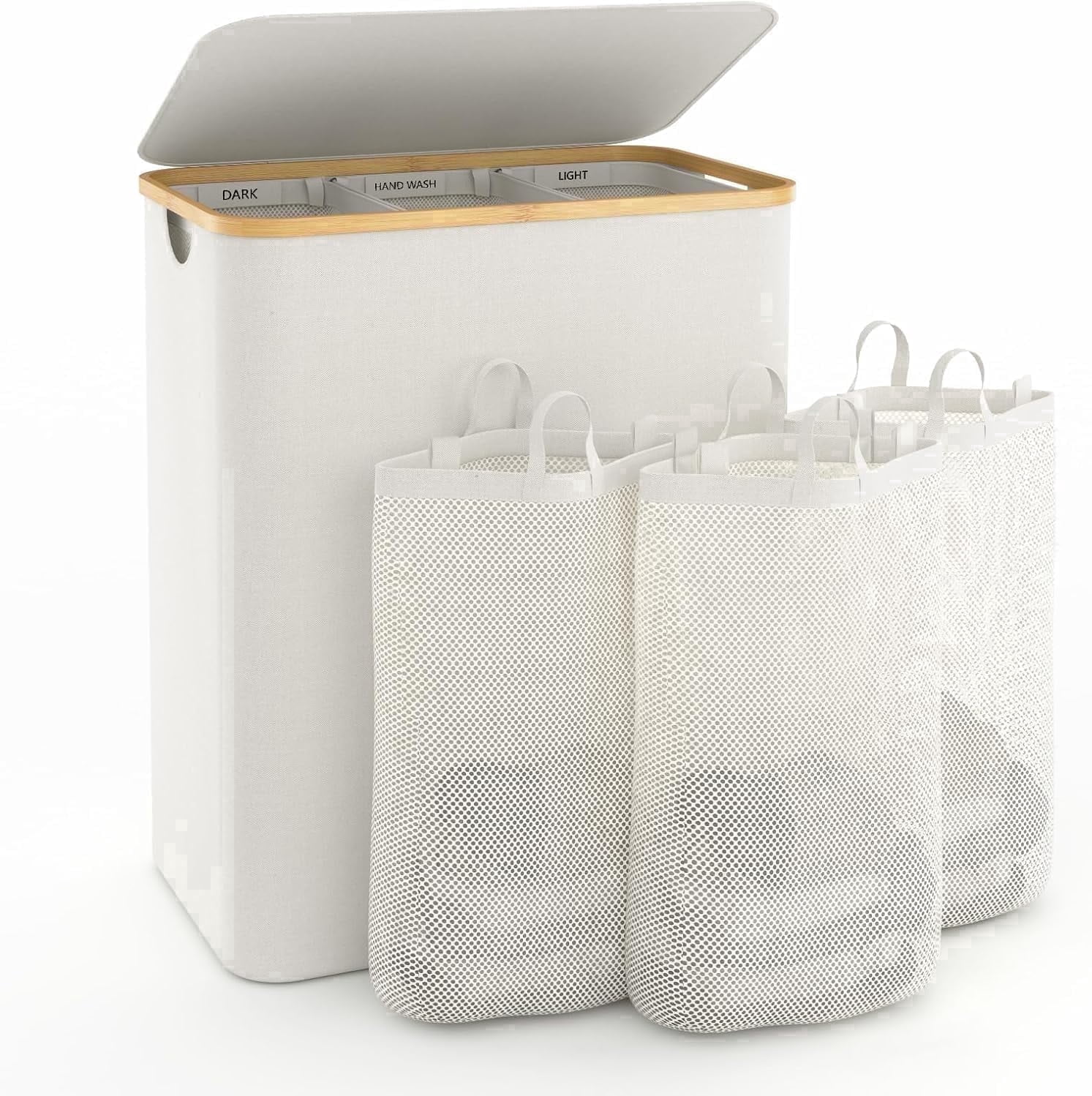 NUBILY 160L Extra Large 3-Section Laundry Hamper with Lid, Bamboo Frame Oxford Fabric Divided Laundry Basket for Bedroom, Adult(Beige)