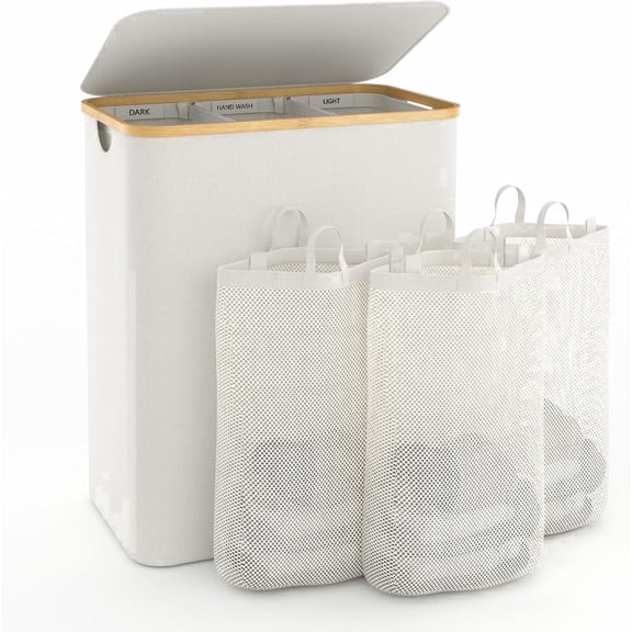 NUBILY 160L Extra Large 3-Section Laundry Hamper with Lid, Bamboo Frame Oxford Fabric Divided Laundry Basket for Bedroom, Adult(Beige)