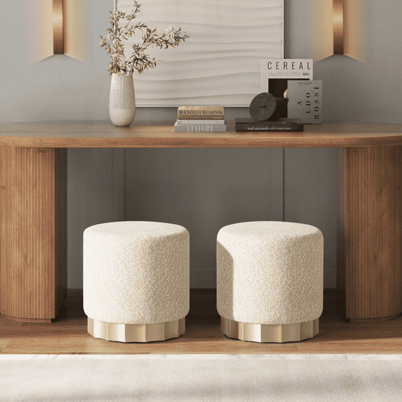 Hampton 18" Round Upholstered Ottoman with Scalloped Base - Speckled Egg Beige Chenille | Compact & Versatile Furniture