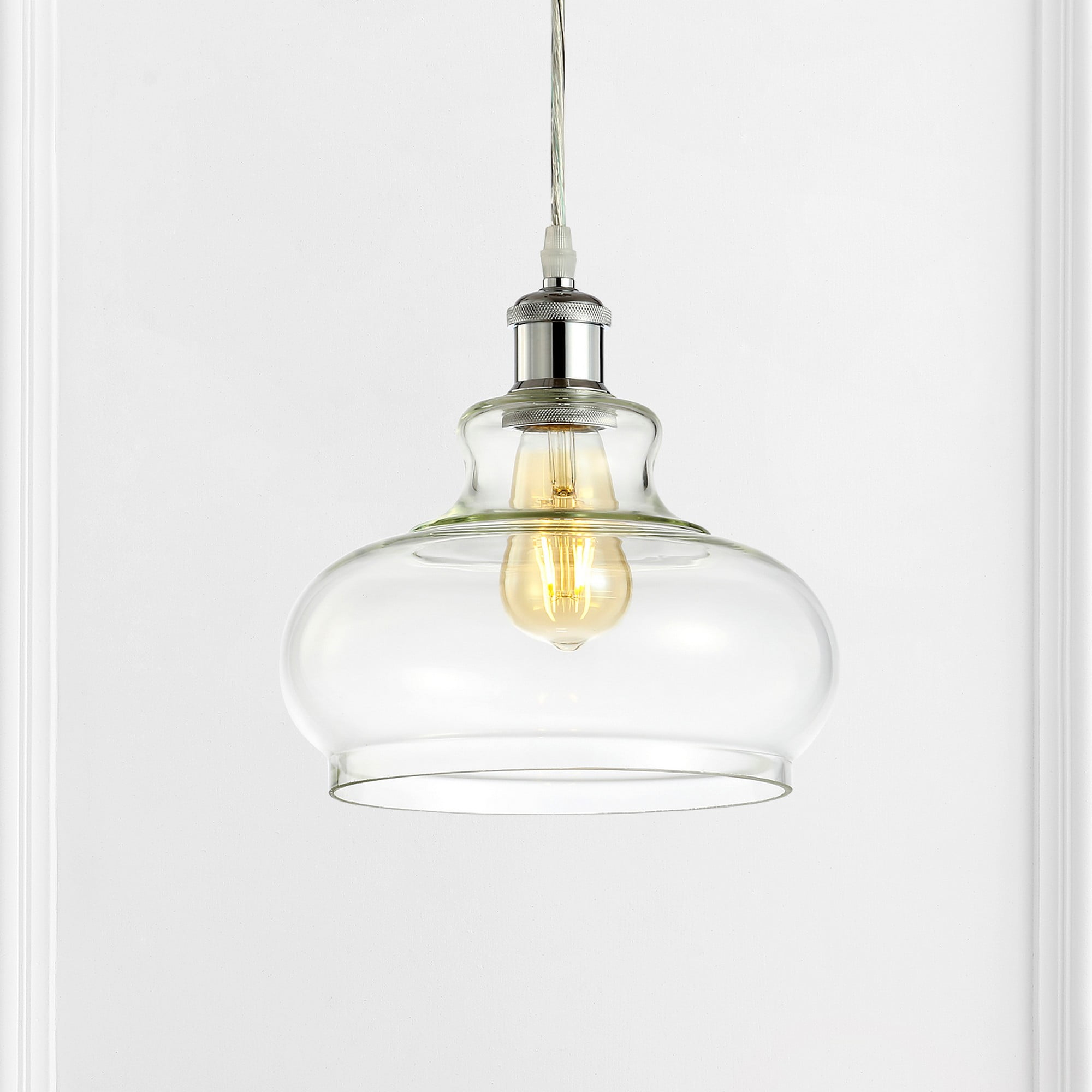 Adjustable Chrome Iron and Glass Bell Shade Pendant Light