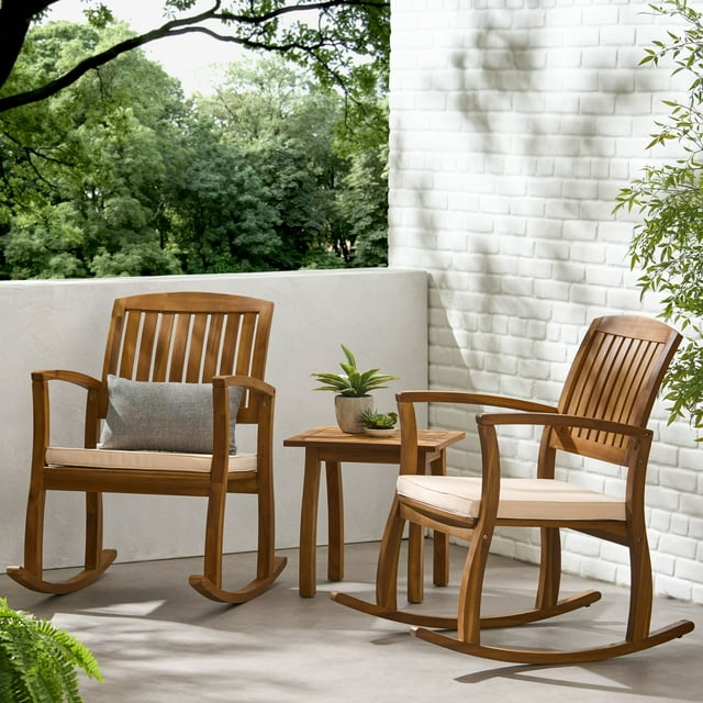 Hampton Acacia Rocking Chair with Cushion, Set of 2, and Acacia Accent Table, Teak Finish