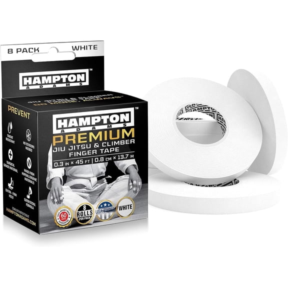 Hampton Adams Pro Finger Tape (8-Pack) provides strong non-slip support for BJJ, climbing, CrossFit, and weightlifting with durable no-fray cotton and long-lasting adhesive.