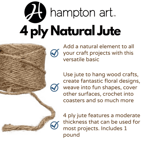 Hampton Art Jute 1Lb 4Ply #72 Natural, Twine, Jute Rope, Twine String For Crafts, Garden Twine, Thick Twine Rope, Gardening, Heavy Duty Outdoor, Burlap String