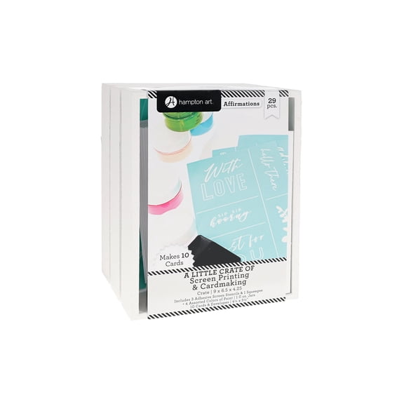 Hampton Art Little Crate Screen Printing Kit, Affirmations, 29pc Card & Silk Screen Printing Set for Adults, DIY Card Making Kit, 7 x 5.5 x 3.75 Inches
