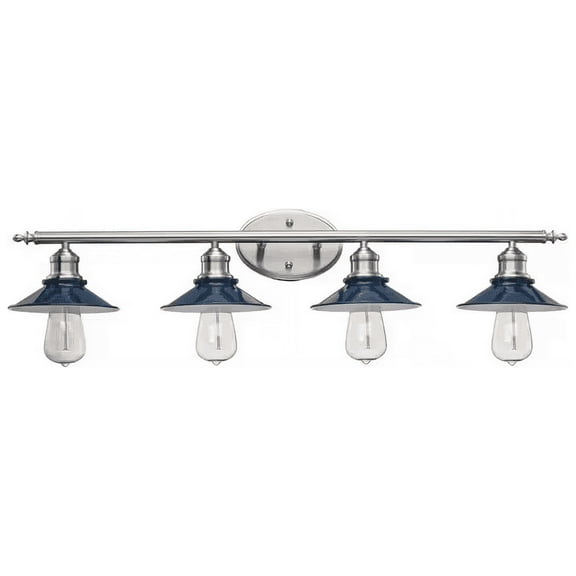 Hampton Bay Glenhurst 34 in. 4-Light Industrial Farmhouse Cobalt and Brushed Nickel Bathroom Vanity Light Fixture with Metal Shades