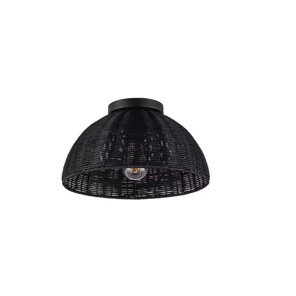 Hampton Bay Highler 13 in. Matte Black Flush Mount with Black Rattan Shade HD5887E4