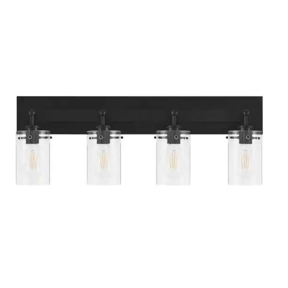 Hampton Bay Regan 29.25 in. 4-Light Matte Black Bathroom Vanity Light with Clear Glass Shades