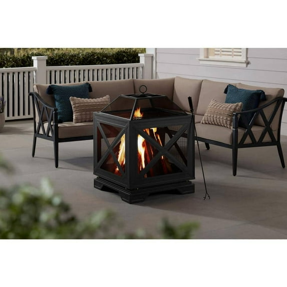 Hampton Bay Westbury 26 in. W x 37.8 in. H Outdoor Square Wood Burning Black Fire Pit