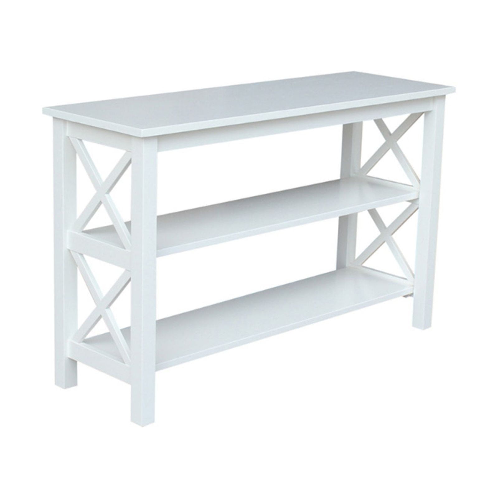White Solid Wood Rectangular Console Table with Shelves
