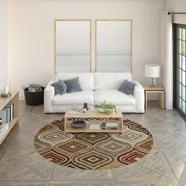 Hampton Contemporary 8' Round Beige and Red Polypropylene Indoor Area Rug