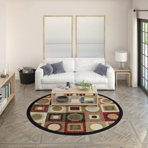 Hampton Contemporary 8' Round Black and Red Polypropylene Indoor Area Rug