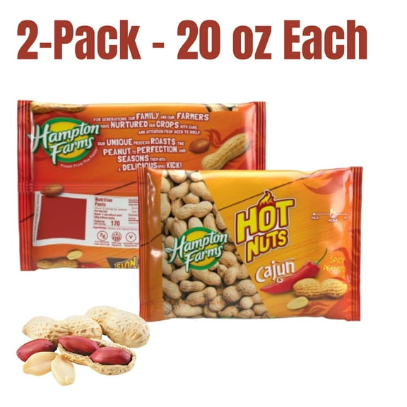 Hampton Farms Hot Cajun Peanuts In-Shell, Spicy Roasted Snack, 20 oz Bags (Pack of 2), Gluten-Free, USA Grown, High Protein Snack for Parties & Game Day
