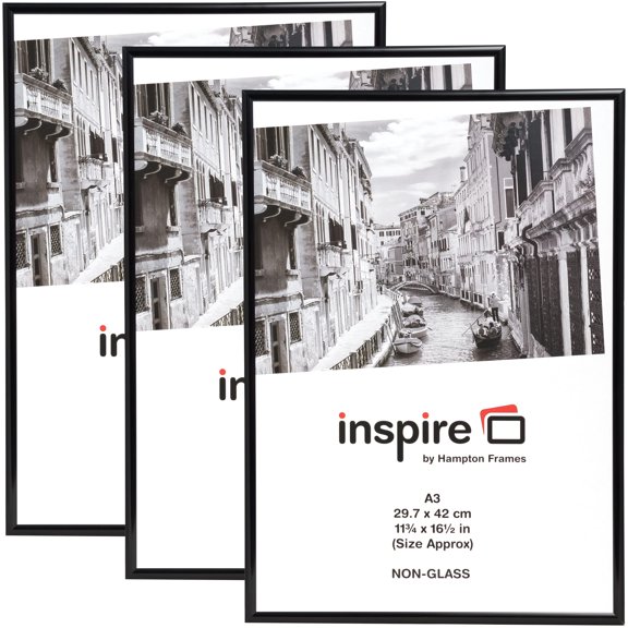Hampton Frames Backloader A3 Poster Frame Pack of 3 | Black, Acrylic (Non-Glass), 29.7x42cm | Lightweight, Drop-In Back, Swivel Clips | Wall Mount Photo Display