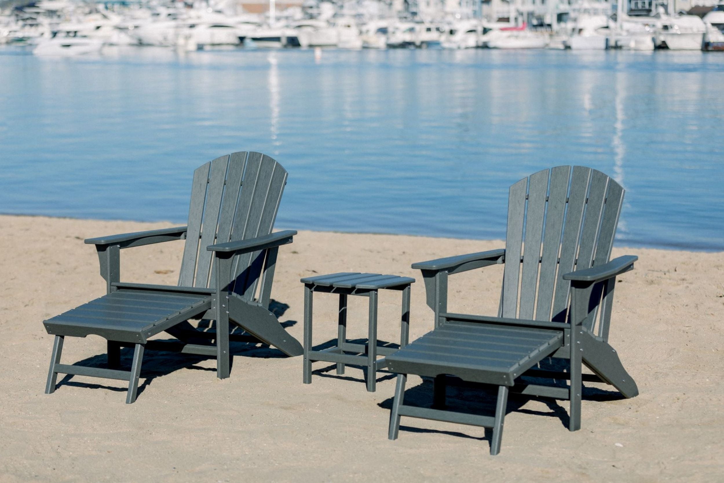 Hampton Gray Outdoor Patio Adirondack Chair with Hideaway Ottoman and Table Set