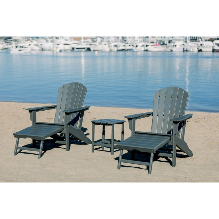 Hampton Gray Outdoor Patio Adirondack Chair with Hideaway Ottoman and Table Set