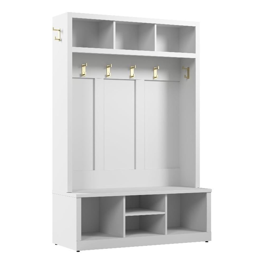White Transitional Hall Tree with Storage and Shoe Bench