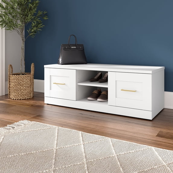 Hampton Heights 48W Shoe Bench with Doors in White - Engineered Wood