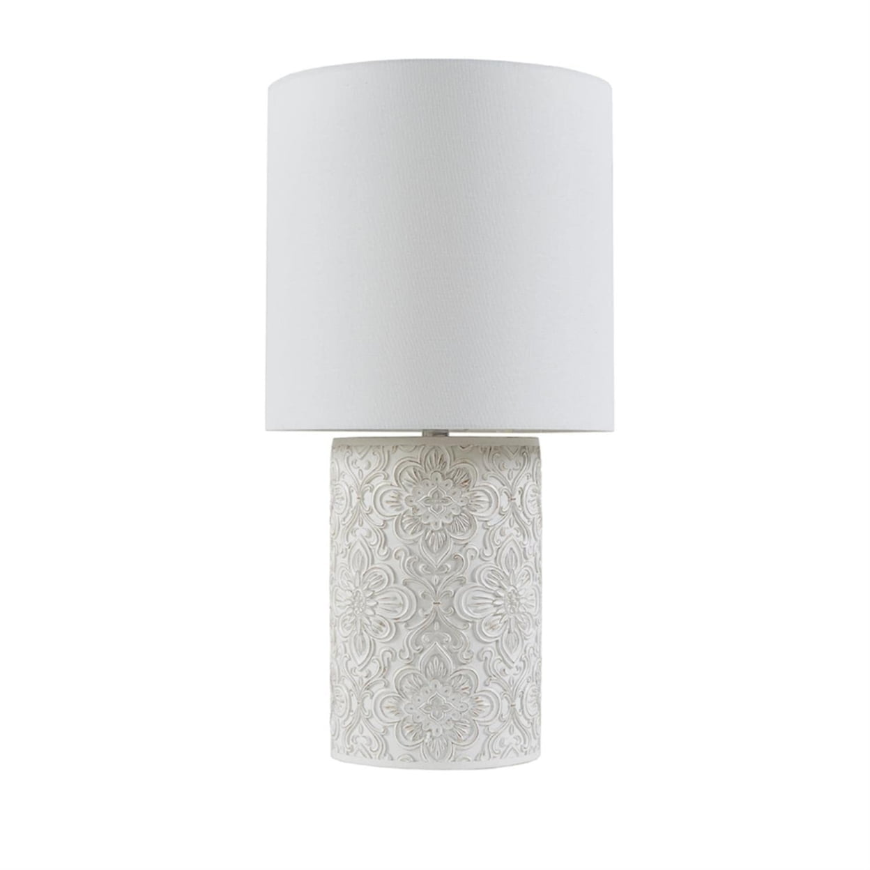 Ivory Floral Embossed Resin Cylinder Table Lamp with 3-Way Switch
