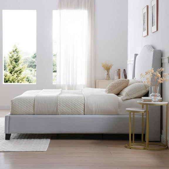 Hampton Linen Fabric Upholstered Queen Platform Bed in Light Blue