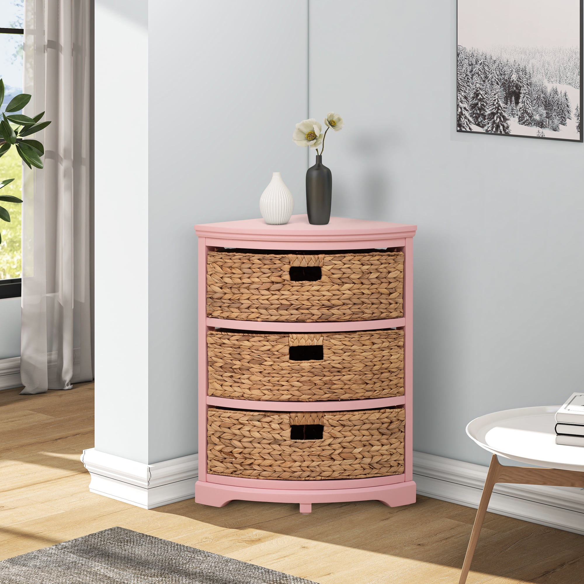 Pink 3-Tier Corner Table with Natural Wicker Baskets