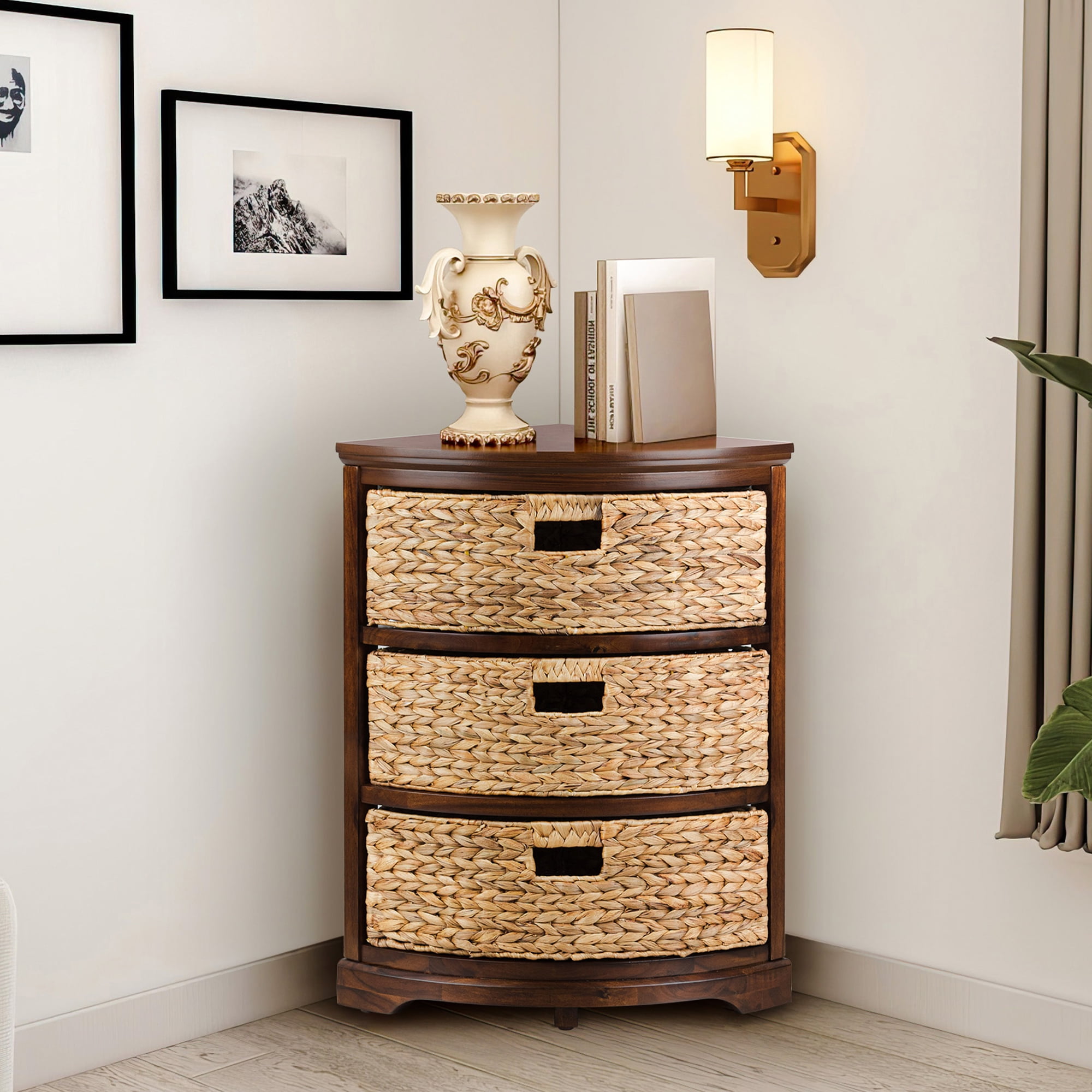 Hampton Meadows 3 Tier X Side Corner Table Storage Cabinet with 3 Natural Water Hyacinth Wicker Baskets for Living Room Walnut